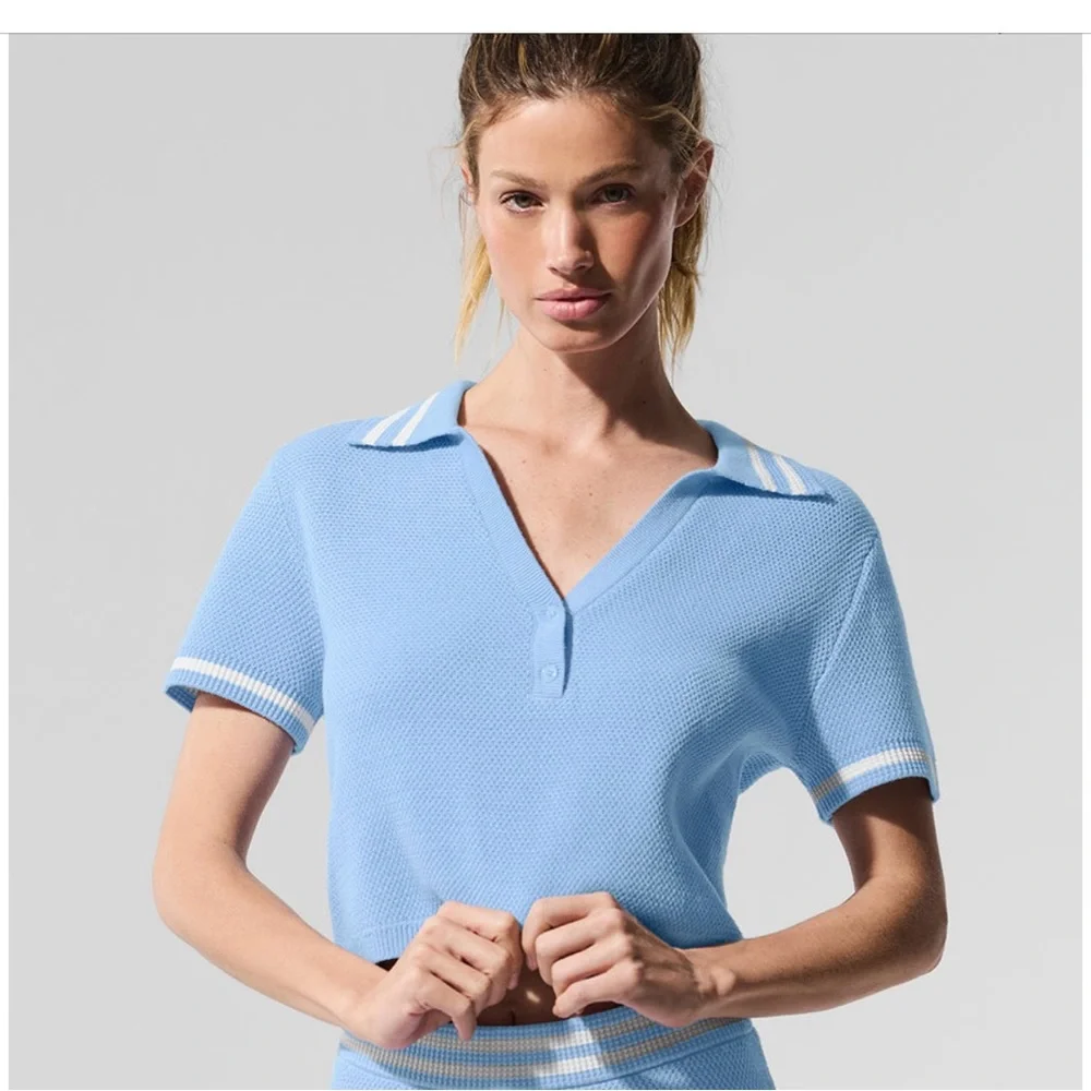 ALO Tennis Club Sweater Knit Cropped Polo - Seashell Blue/White NWT! 🐚 - Picture 5 of 11